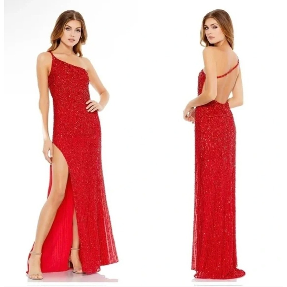 MAC DUGGAL 10711 Gown Red Sequin One Shoulder Slit Women's Size 2 NWT Glam Prom‎